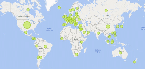 Este es un mapa a escala mundial en el que se ve reflejado, a través de una serie de círculos, la densidad de empresas del sector en cada país. El número de empresas por país estará relacionado con la financiación global del sector Cloud Computing 